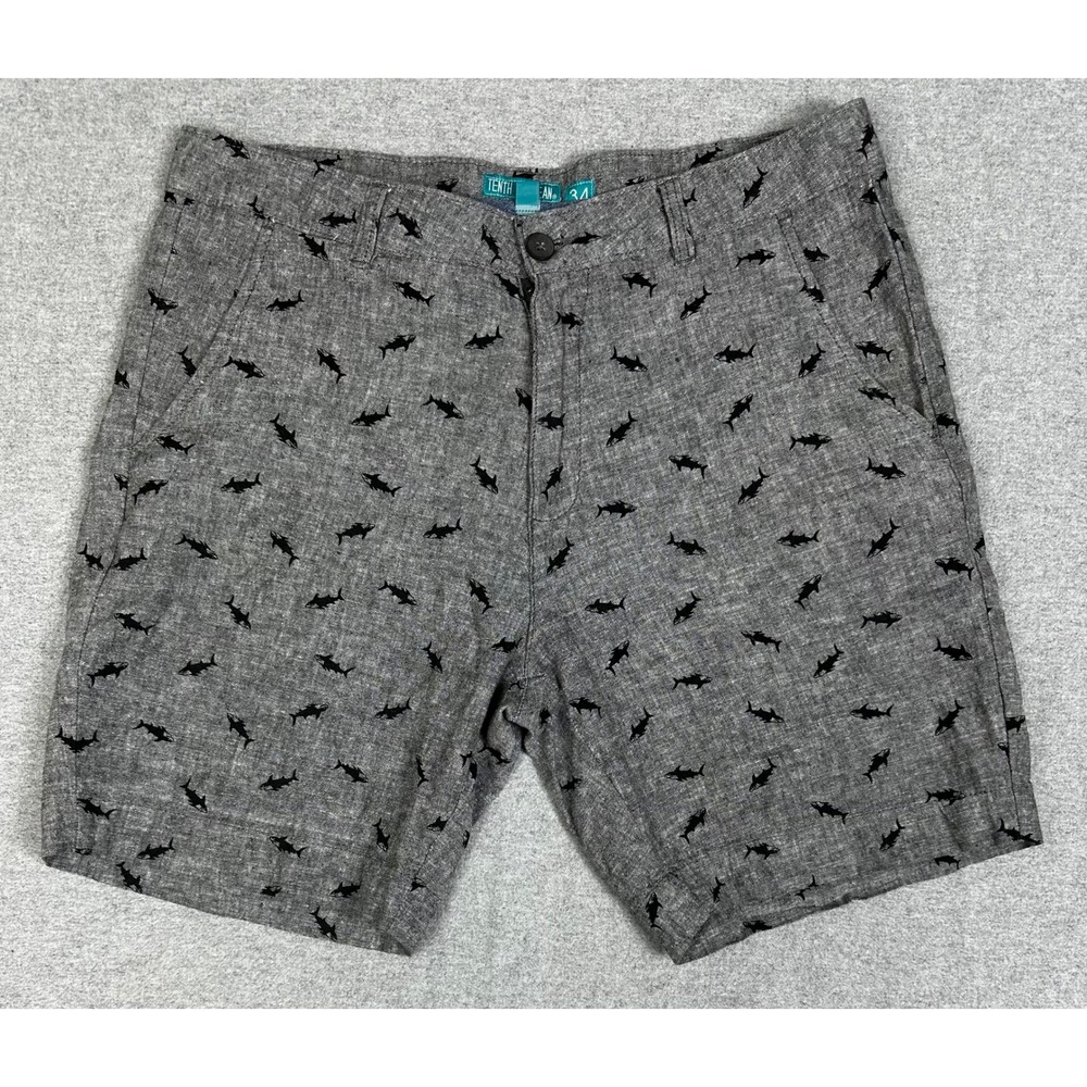 Tenth Ocean Shark Print Linen Shorts Mens 34 8" Inseam‎ Gray Linen Blend Casual